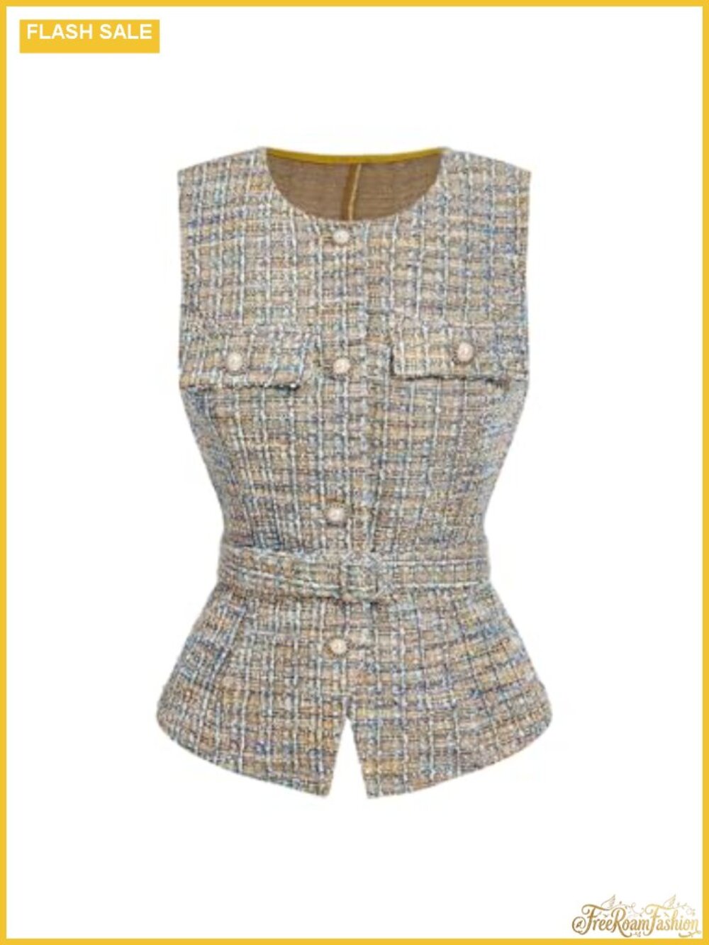 Tweed Plaid Sleeveless Belted Vest Button Down Pearl Beaded